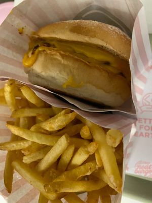 Blue cheese burger and fries at Neat Burger - Oxford Circus in London