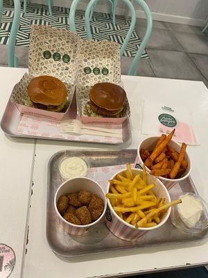 2 Smoke Stack Burgers with Fries (+"Make it cheesy"), Sweet Potato Fries & Chick'n bites (small) at Neat Burger - Oxford Circus in London
