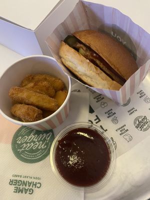 Hamburger, chicken nuggets and bbq dip (vegan)  at Neat Burger - Oxford Circus in London