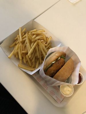 chickenburger with fries at Neat Burger - Oxford Circus in London