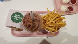 Chicken burger, fries and choc shake at Neat Burger - Oxford Circus in London