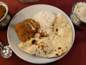 Paneer Butter Masala, Basmati Rice and Butter Naan at Barsana in Birmingham