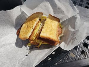 Vegan "egg", "sausage" and "cheese" on gluten free bread at Bread and Butter Kitchen in Annapolis