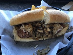 Beyond burger on a sub roll with mushrooms and onion! at Bread and Butter Kitchen in Annapolis