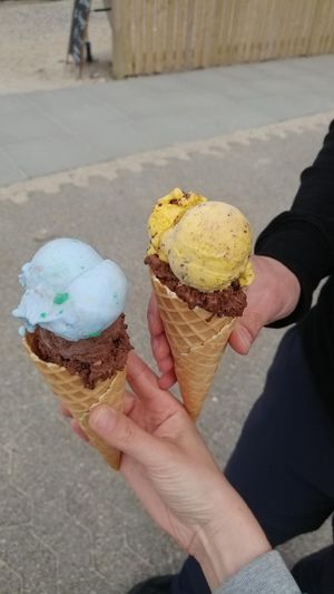 Left: Dinosaur and Rocky Road, 
Right: Banana split and Brownie Bunch. at Ice Bakers Ishus in Thisted