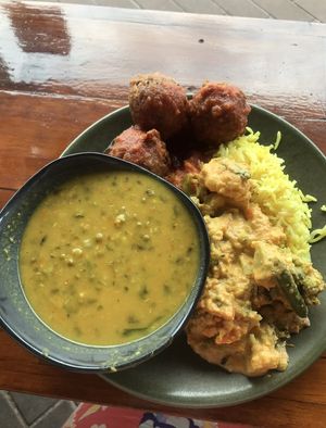 Dahl, koftas, vegetable curry and rice   at Govindas in Burleigh Heads