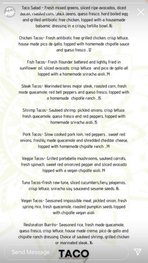 Taco menu ( not all vegan ) offered on Wednesdays  at Restoration Kitchen & Cocktails in Lindenhurst