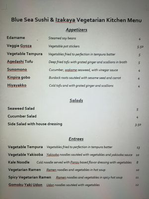 Vegetarian menu at Blue Sea Sushi and Izakaya in Las Vegas