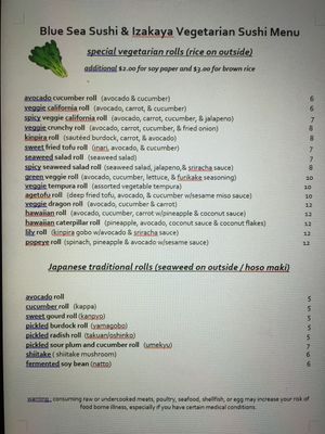 Vegetarian sushi menu  at Blue Sea Sushi and Izakaya in Las Vegas