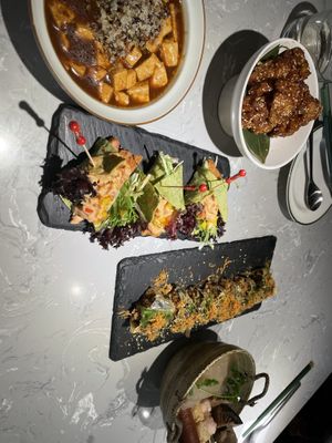 Quinoa mapo tofu, general tso’s lotus root, tacos, seaweed rice roll, and “oden pot"  at SOFINE 蔬房 in Ningbo
