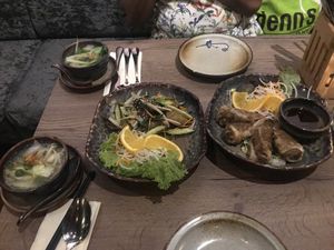 Rice Set 3 - dumpling soup, pickled eggplant and fried spring rolls  at Soy in Munich