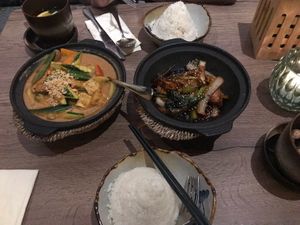 Rice Set 3 - red coconut curry and spicy tofu and lemongrass with a generous portion of rice  at Soy in Munich