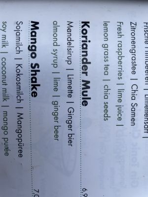 Ingredients of Koriander mule  at Soy in Munich