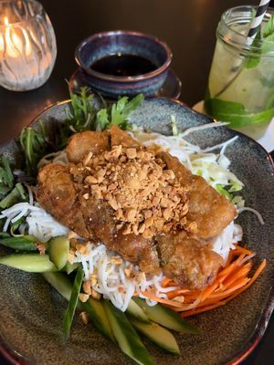 Salad with noodles and spring rolls  at Soy in Munich