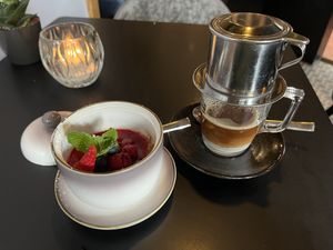 crème brulée with fruit and vietnamese coffee  at Soy in Munich