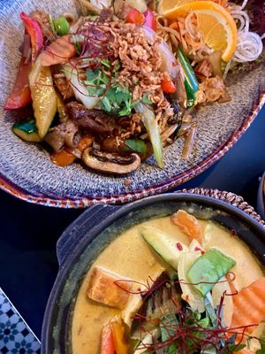 Stir-fried flat rice noodles with seitan and veggies, and a homemade curry with tofu and udon noodles at Soy in Munich