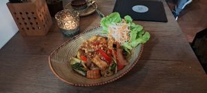 Fried rice noodles with tofu, seitan and vegetables at Soy in Munich