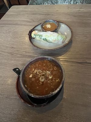 Summer roll and hot sour soup starters  at Soy in Munich