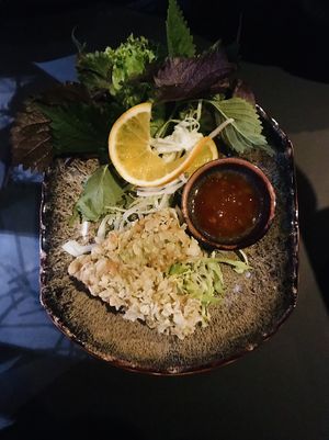 Fried tofu with green rice outside and sweet-sour dip 👌🏻 at Soy in Munich