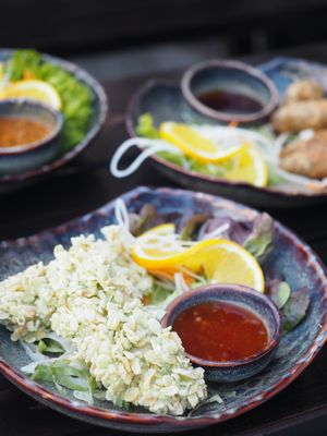 Crispy tofu in rice flakes at Soy in Munich