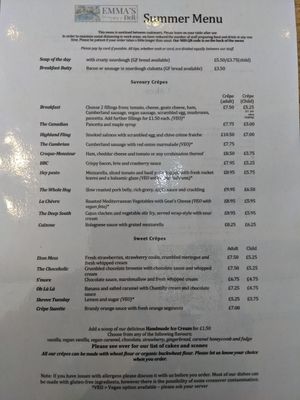 Summer 2021 Menu at Emma's Dell in Grasmere