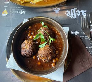 Vegan Ligne Meatballs. Comes with Belgian fries on the side.  at Le Roy d'Espagne in Brussels