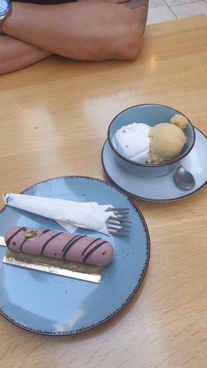 Raspberry strawberry raw cake + basil coconut sorbet + cinnamon orange sorbet at Gianni in Dubrovnik