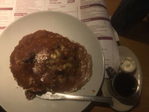 Powah stack veg pancakes w banana blueberry almonds and agave and i think veg butter too  at Lantern Diner in West Hempstead