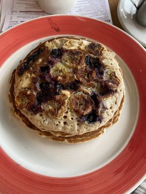 Vegan protein pancakes with almonds, bananas & blueberries   at Lantern Diner in West Hempstead