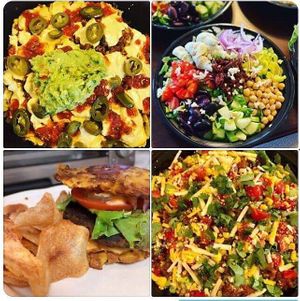 Nachos, Veggie Burger, Taco and Greek Salads at Abbie's Plant Based Cuisine in Katy