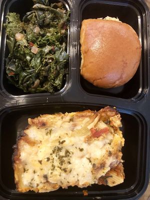 Baked Ziti, Sauteed Kale and Hawaiian Dinner Rol at Abbie's Plant Based Cuisine in Katy