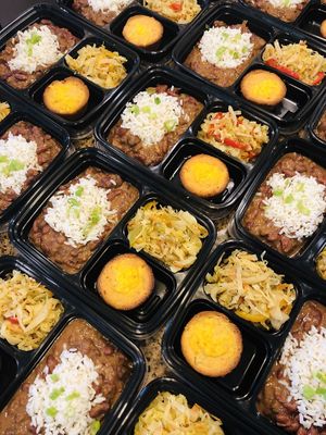 Red Beans, Vegan Sausage over Rice, Jamaican Steamed Cabbage and Corn Pudding Muffins  at Abbie's Plant Based Cuisine in Katy