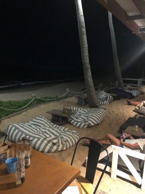 Comfy bean bags to relax and watch the ocean.  at Enzo's on the Beach in Scarness