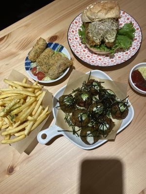 Fries, tempeh “nuggets”, takoyaki & tartar fish burger. at Veggie Sun 植日生 - Zhí RìShēng in Taipei
