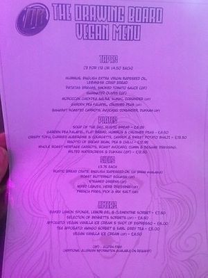 Vegan menu  at The Drawing Board in Leamington Spa