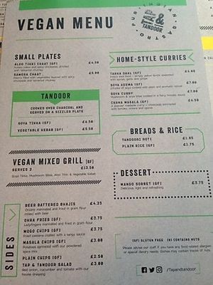 Vegan menu  at Tap & Tandoor in Solihull