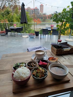 27pln breakfast till 1pm, 3pln coconut cappuccino at Café Manggha in Krakow