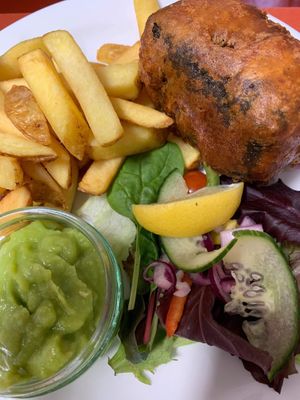 Vegan fish, chips and mushy peas  at The Courtyard in Sidmouth