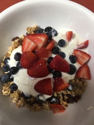 Granola with soya yogurt and fresh fruit at The Courtyard in Sidmouth