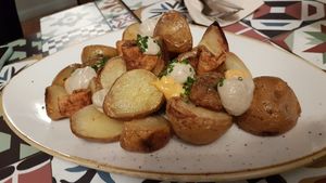 Patatas bravas with eggplant bacon at La Modernista in Madrid