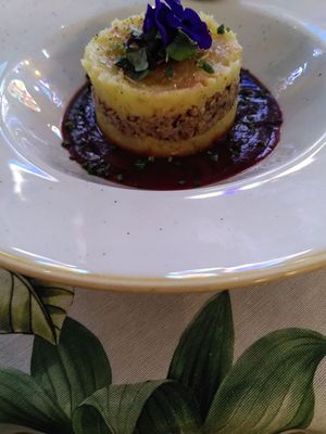 Caramelized potato with veggie meat  at La Modernista in Madrid