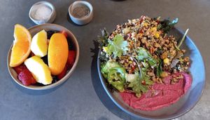 Fruit bowl and PC OG superfood grain bowl at Five5eeds in Park City