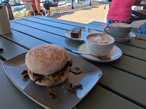 Vegan breakfast bap, chocolate pretzel slice and oat flat whites at Foam in Milford Haven