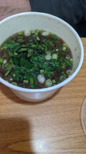 Pho broth with "beef" and "shrimp" at Loving Cafe in Fort Wayne