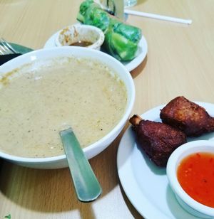 mushroom soup, spring rolls, and ";wings"; at Loving Cafe in Fort Wayne