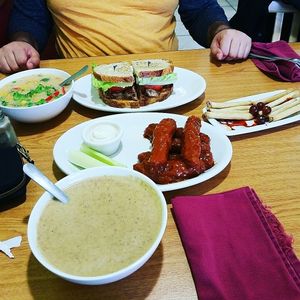 He got a burger and chowder, I got mushroom soup, lady fingers, and bbq ";rib";  at Loving Cafe in Fort Wayne