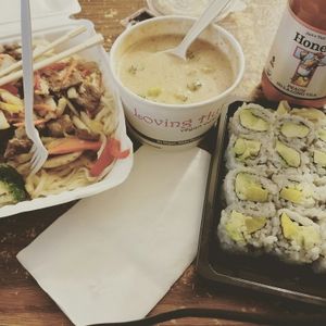 broccoli soup, pad Thai noodles at Loving Cafe in Fort Wayne