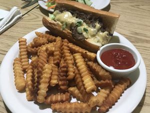 Philly cheeze steak and fries. at Loving Cafe in Fort Wayne