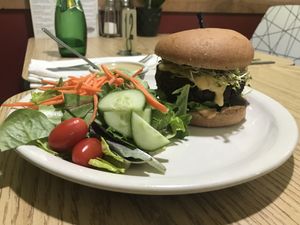 Impossible burger with salad. at Loving Cafe in Fort Wayne