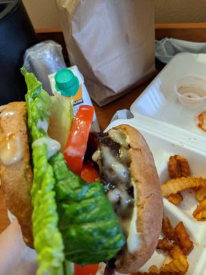 Side view of steak burger at Loving Cafe in Fort Wayne